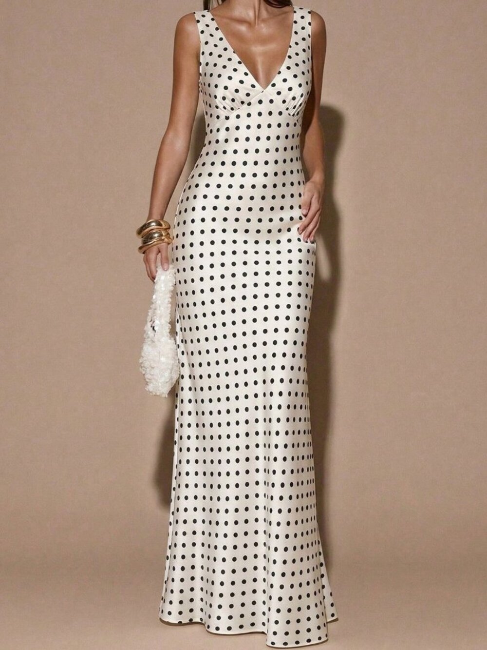 White Elegant Women's Polka Dot Satin V-Neck Backless Dress - Picture 5 of 6